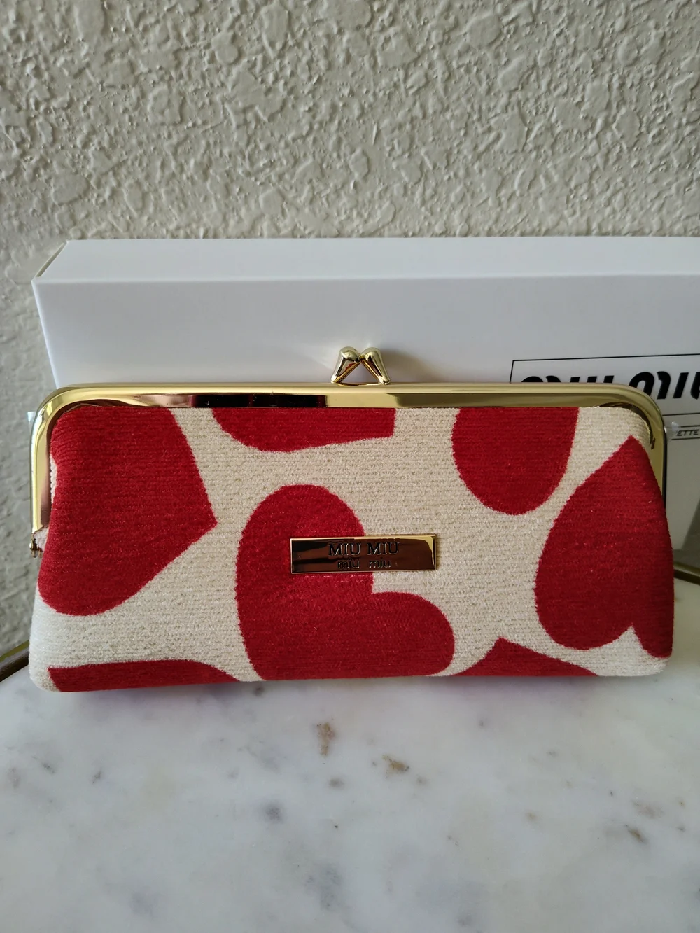 MIU MIU Red Ivory Heart Print Mirror Miroir Compact Clutch Pochette Gift Set NIB